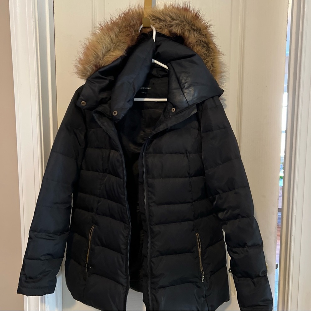 Jones New York Black Puffer Coat with Removeable Faux Fur Trim hood
